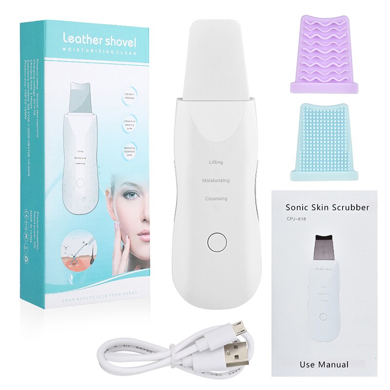 Ultrasonic Scrubber Deep Cleansing Face Scrubber Facial Cleansing Shovel Exfoliating Skin Scraper Peeling Beauty Instrument: Simple package white