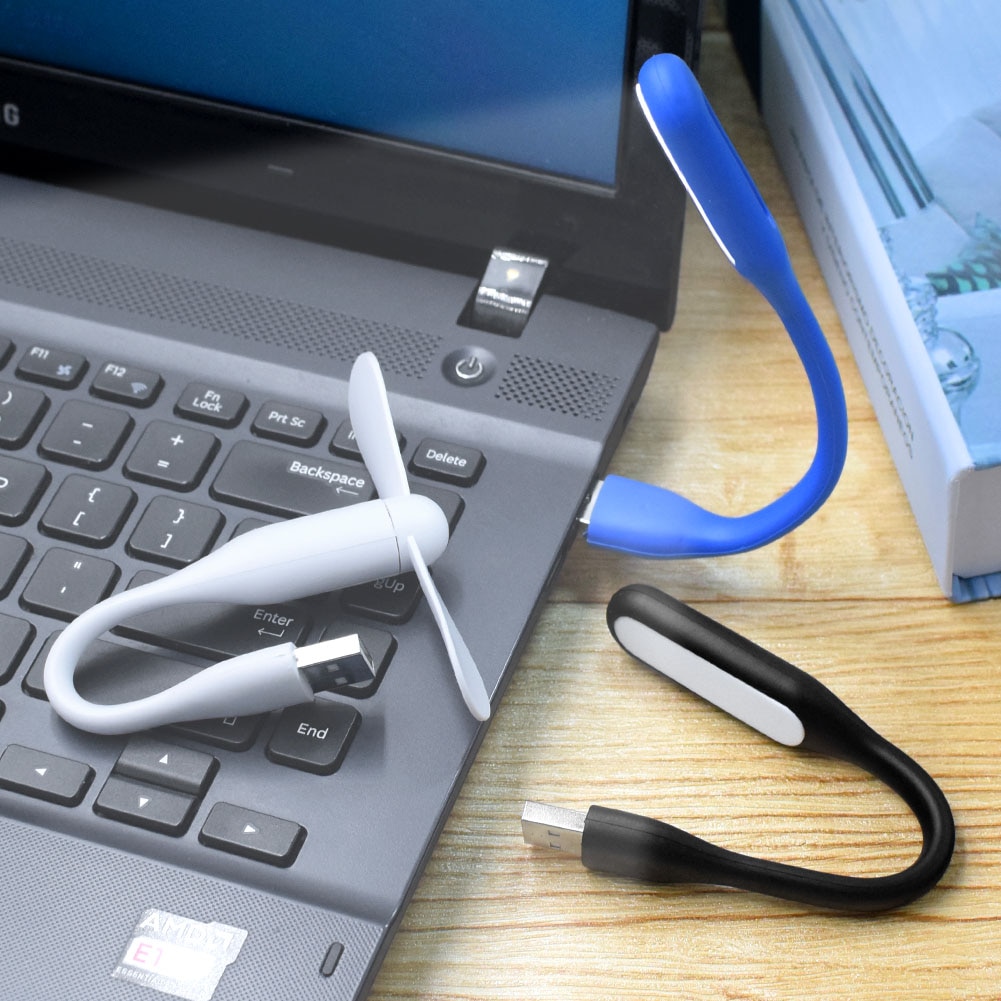 2 stuks Mini Verstelbare Flexibele USB LED Licht Lamp + USB Fan Powerbank PC Notebook Perfect voor Nacht Werken Boek leeslamp