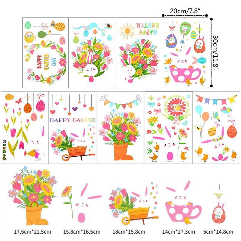 9 Sheets Easter Window Wall Stickers Removable Glass Static Sticker Decals Kids Room School Easter Party Decoration Home Decor