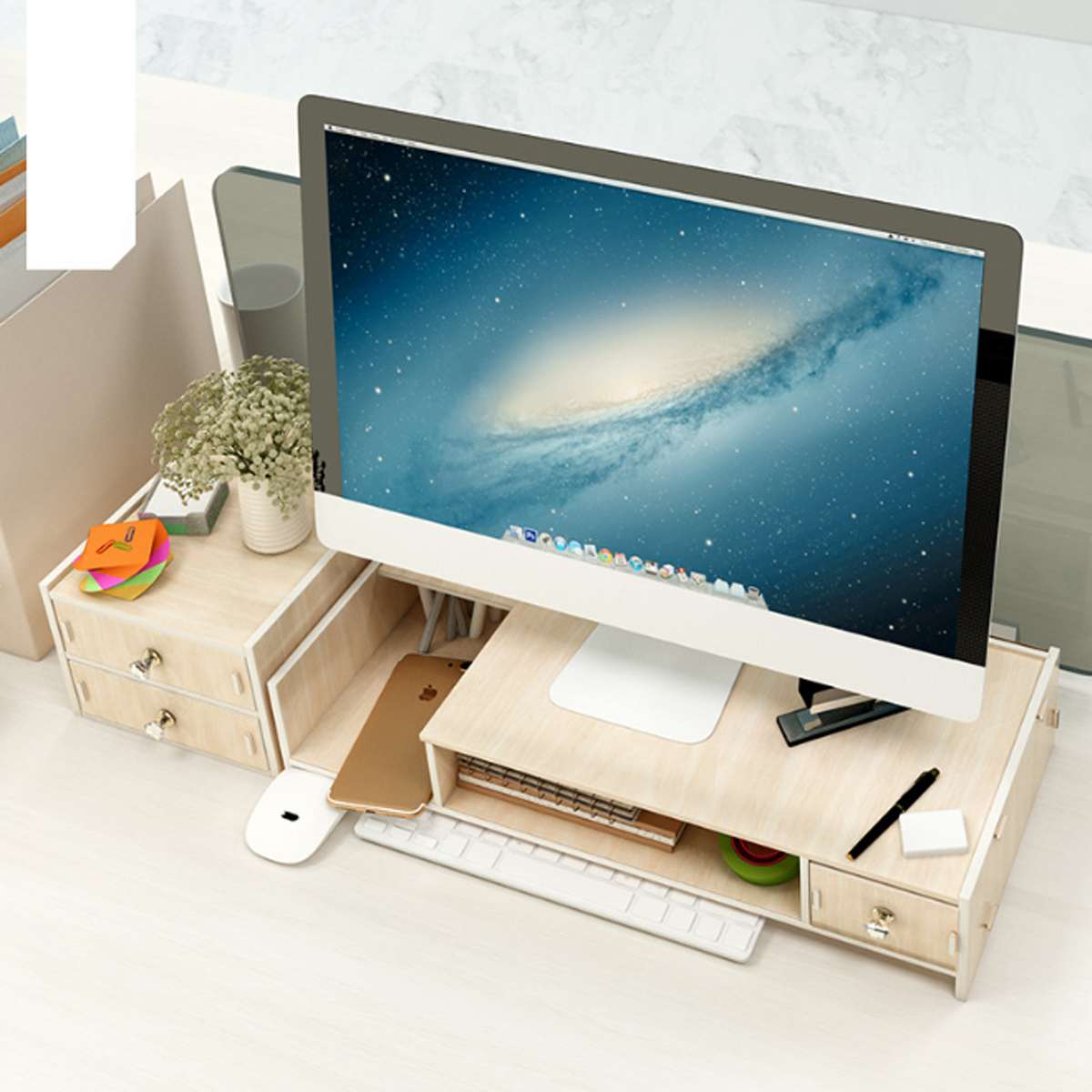 Ordinateur Moniteur Riser Socle De Bureau Étagère En Bois Plinthe Forte Support D'ordinateur Portable Support De Bureau Support De Moniteur Avec Boîte De Rangement organisateur