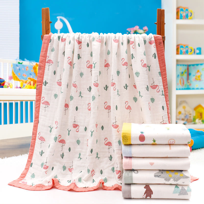 Baby badehåndklæde 110 x 110cm brede kanter 6 lag bomuldsgasbind, spædbarnssengetøj sommer tæppe til nyfødte børn