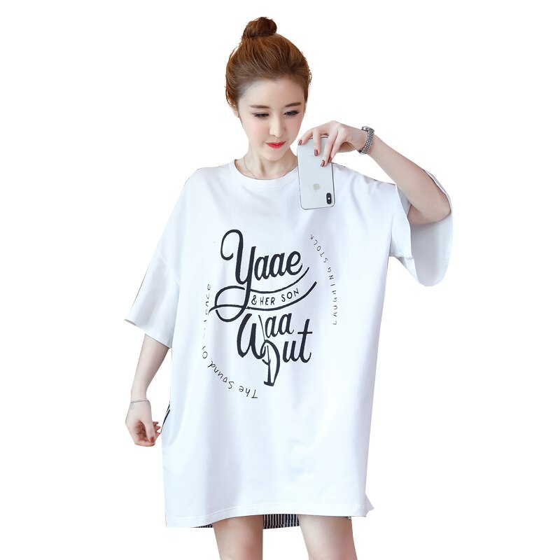 Zomerse oversized streep patchwork zwangerschapsjurk van katoen, plus size letters print, zwangere vrouwen shirts, losse blouses