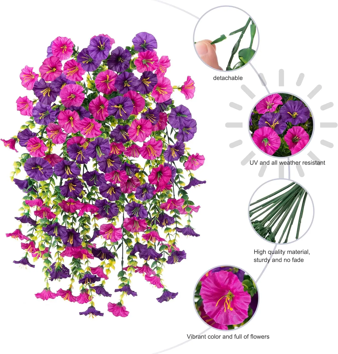 Flores artificiales colgantes, plantas de seda sintética, moradas, gloria matutina, enredaderas largas, resistentes a los rayos UV, realistas para decoración de jardín y balcón