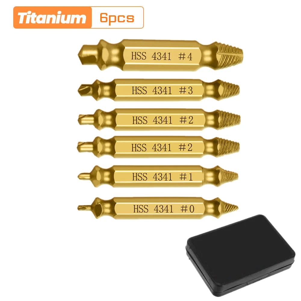 6 deler skadet skrueuttrekkersett, bor, avrivet skrueuttrekker, fjernersett, dobbeltendet, ødelagt skrue, bolt, rivingsverktøy: Default Title