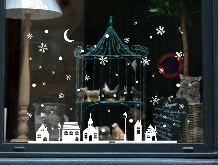 Kerst Pvc Statische Sticker Kerst Winkel Raamdecoratie Muurstickers Xmas Sneeuwvlokken Stad Glas Jurk Up Ornamenten