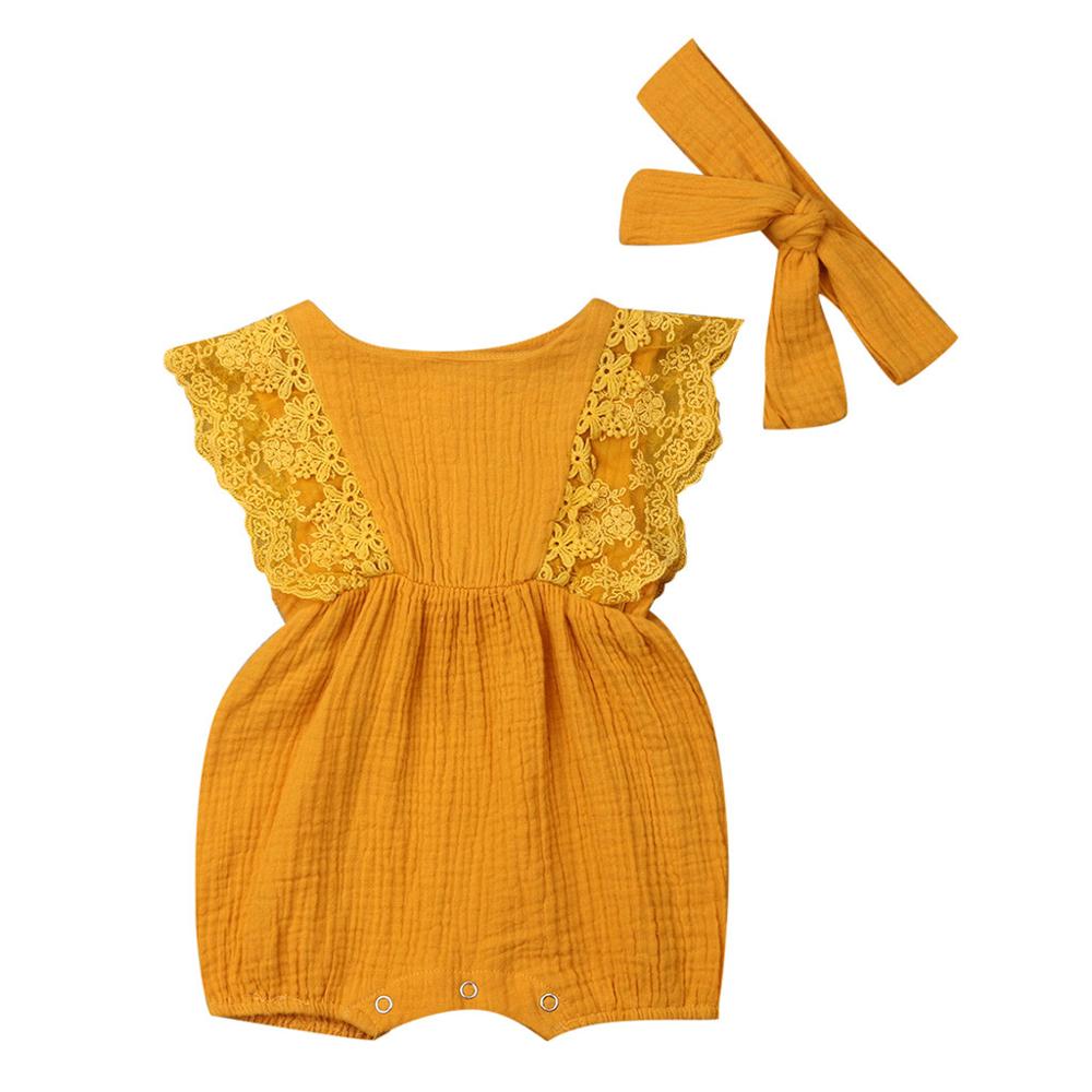 Autumn Winter Toddler Newborn Kids long sleeve lace Romper Infant Baby Girls Romper Jumpsuit Clothing Outfits Hair Band Outfit: Yellow / 3M