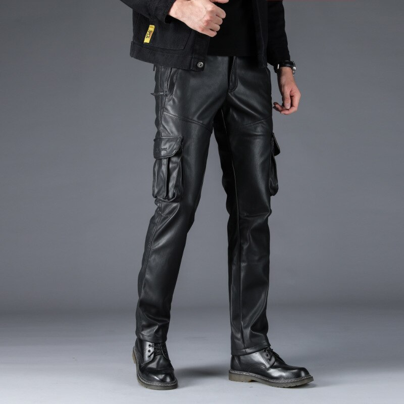 Mannen Pu Lederen Cargo Broek Motorfiets Biker Lederen Broek Zwart Elastische Straight Fit Lederen Broek Voor Mannelijke