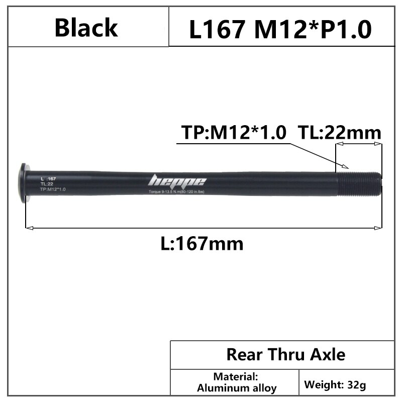 HEPPE-eje pasante para bicicleta de montaña, brochetas de eje trasero, 12x142, 12x148, liberación rápida, 167mm, M12xP1.0, multicolor: Black Color