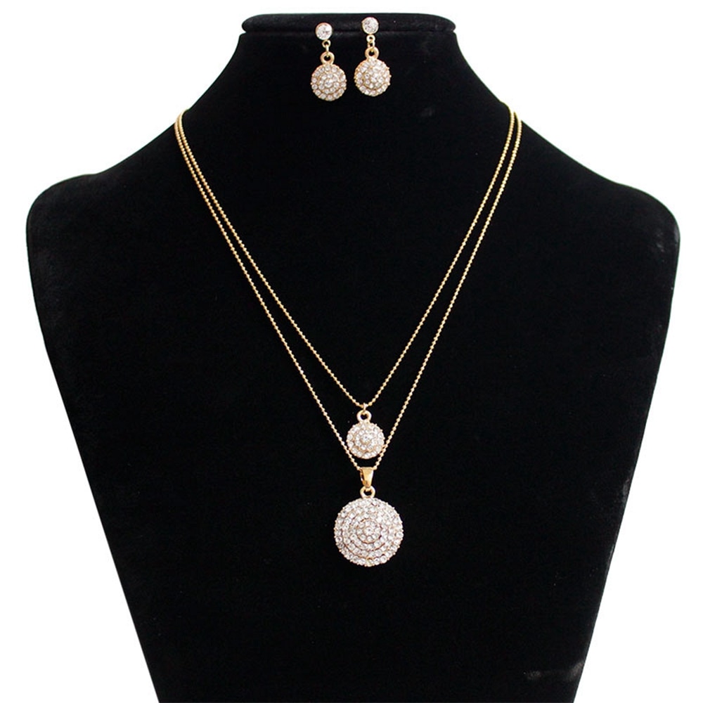 Yunkingdom Gold Color Round Crystal Stones Stylish Necklace Earrings Wedding Jewelry Sets