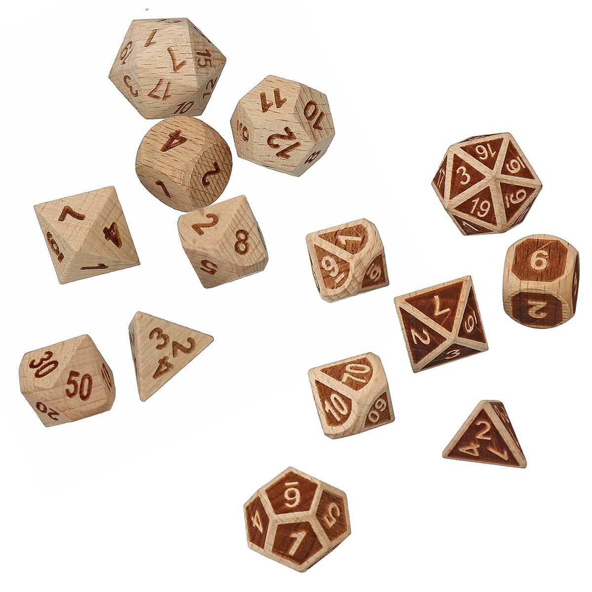 7pcs Set Embossed Wooden Polyhedral Dice D20 D12 D10 D8 D6 D4 for DND RPG MTG Role Playing Board Game