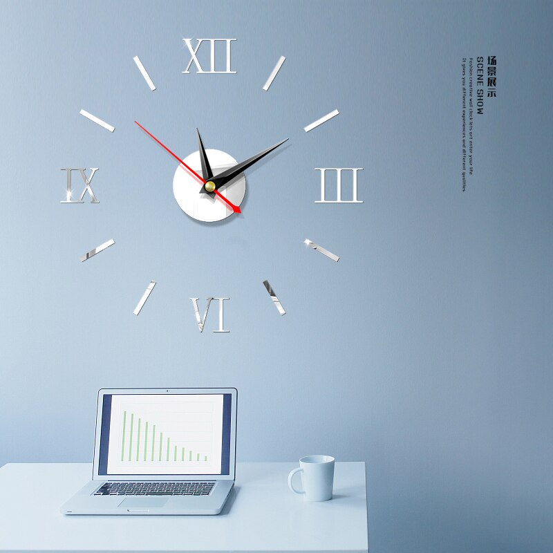 DIY 3D Mirror Surface Large Number Wall Clock Stickers Modern Home Decor Roman Wall Clock Digital Clock Wall Clocks: B