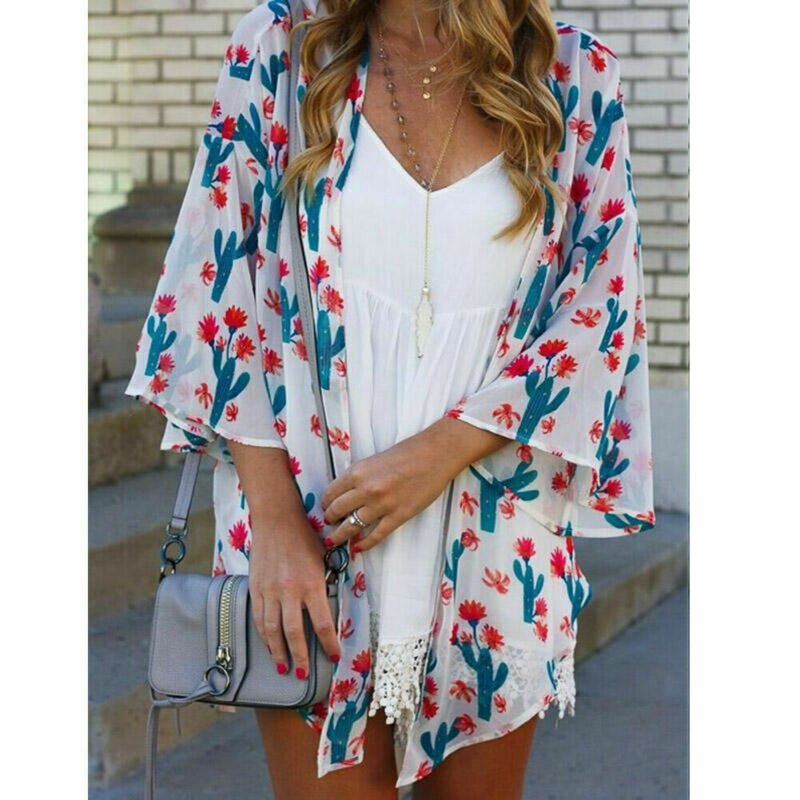 Zomer Vrouwen Lady Boho Beach Cover Up Kant Bloemen Vest Kimono Chiffon Blouse