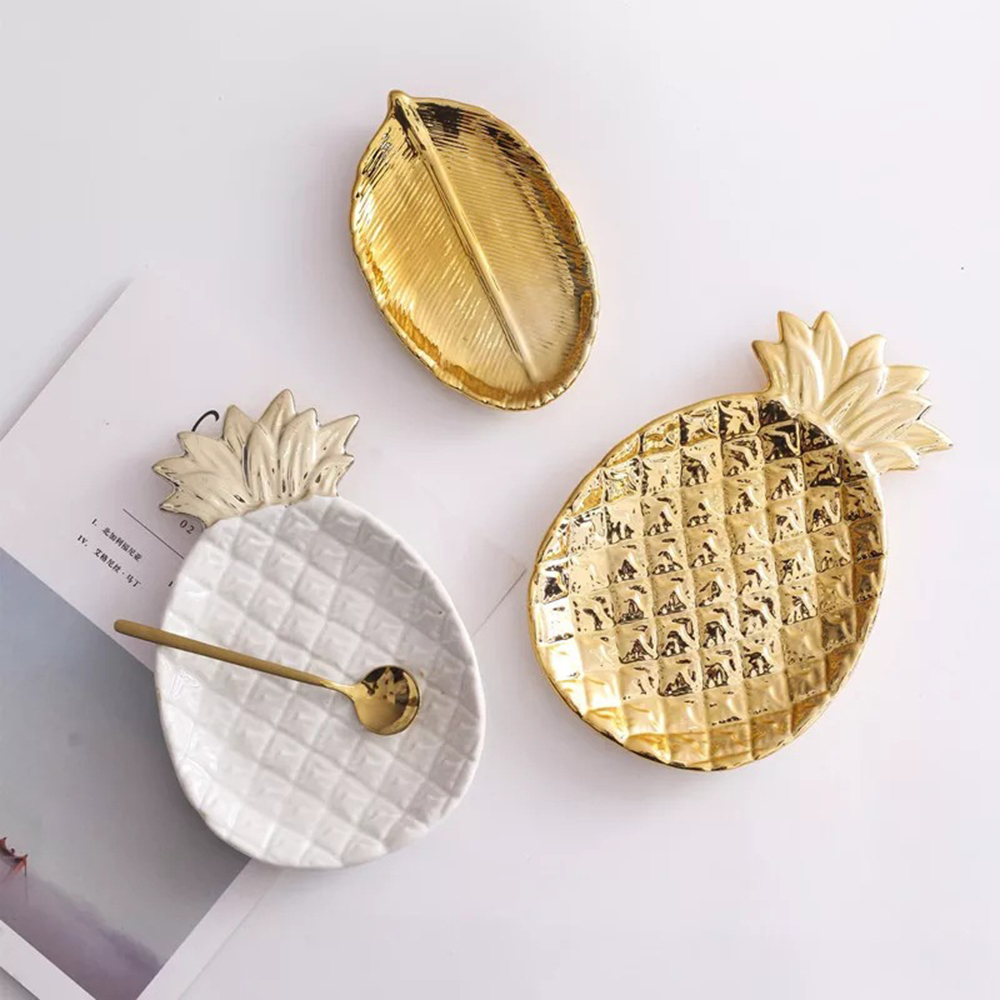 Gold white Pineapple Leaf Ceramic Plate Dish Porcelain Candy Trinket Dish Jewelry Storage Plate Crockery Tableware Decorative