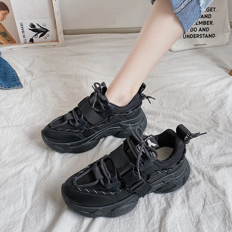 Platå sneakers för kvinnor höst chunky casual skor märke kvinna 5cm höga vulkaniserade skor tenis hona svart: Svart / 35