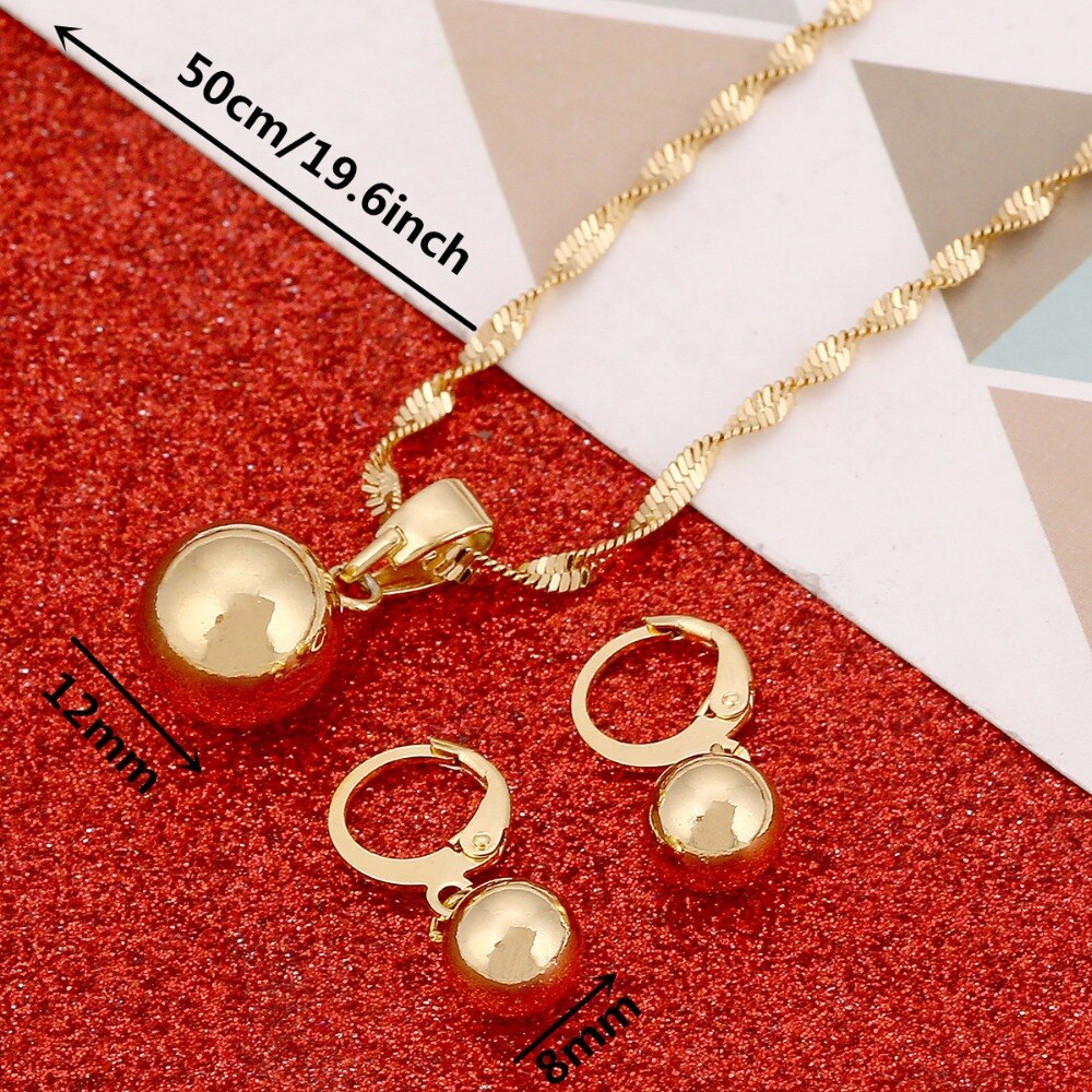 Gold Color Plain Bead Jewelry Round Pendant Chain Necklace Ball Earrings Pendant Women Jewelry Set