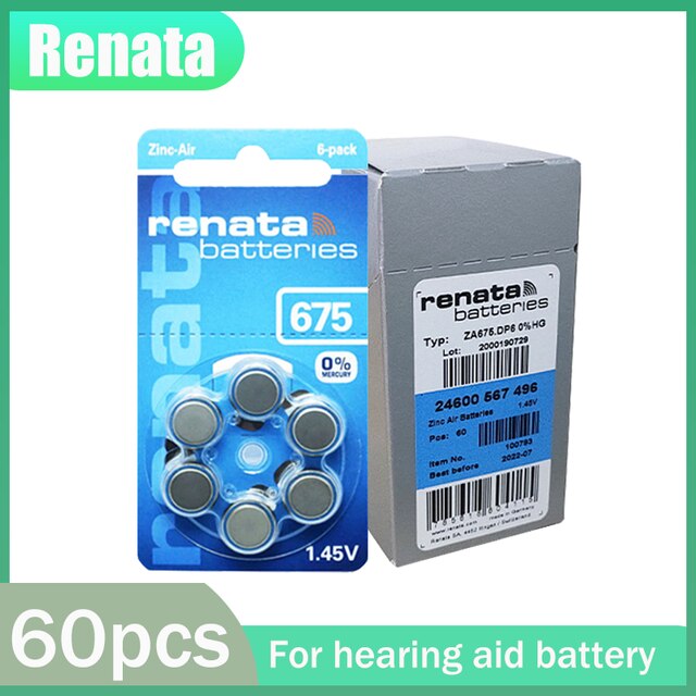 12-120ps 100% Original Renata 675 A675 675A PR44 1.45V 660mAh Zinc Air Battery For Hearing Aid Audiphones A675 Button Coin Cells: 60pcs