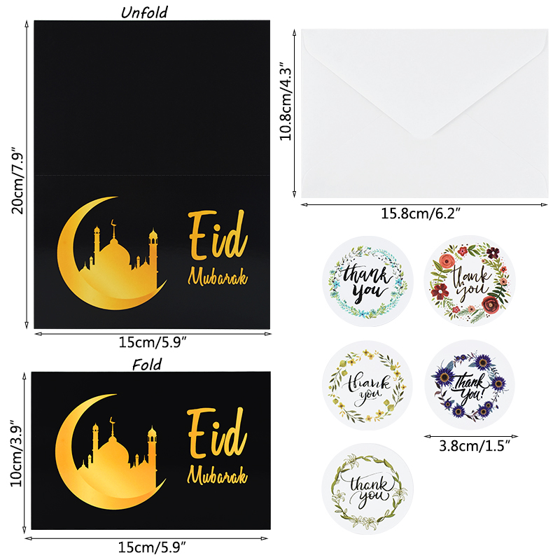 Tarjetas de Felicitación de papel Eid Mubarak con pegatina de sobre, carta de invitación, papel musulmán para de Ramadán, suministros escolares de oficina, 6 piezas