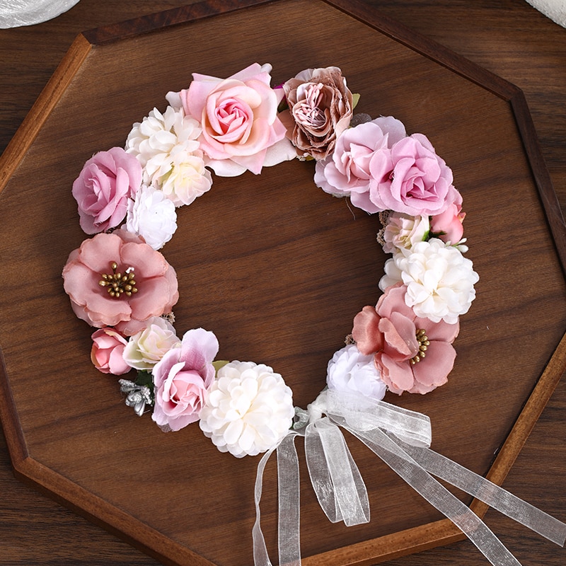 3 Artificial Flower Wreath Bride Women Flower Crown Hair Band Wedding Floral Headband Garland Ribbon Girl Hair Accessorie