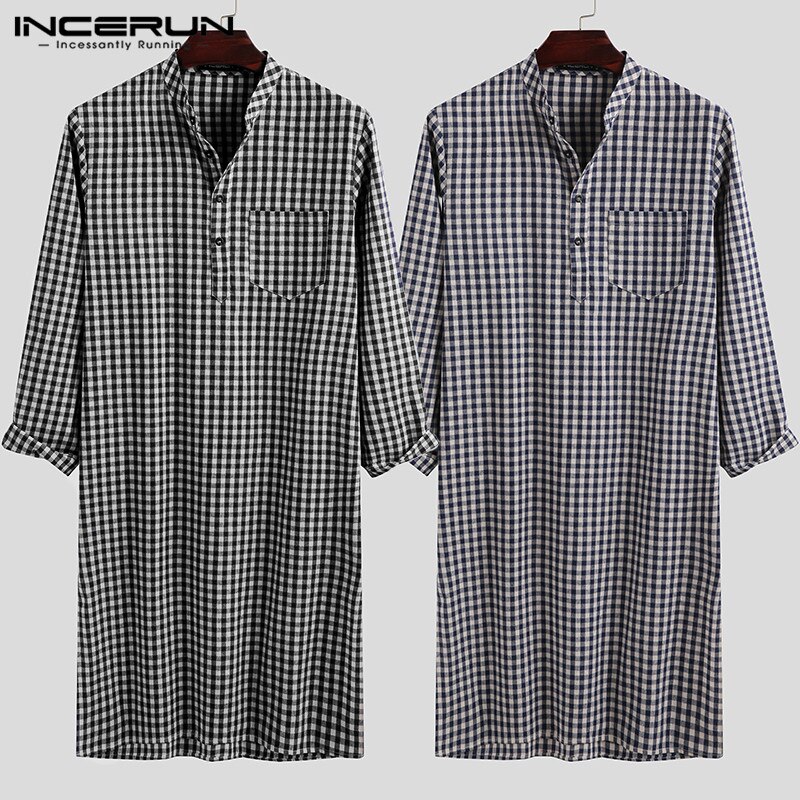 Incerun vintage lange overhemden heren geruite overhemden lange mouwen opstaande kraag camisa man losse knopen zak islamitische arabische tops