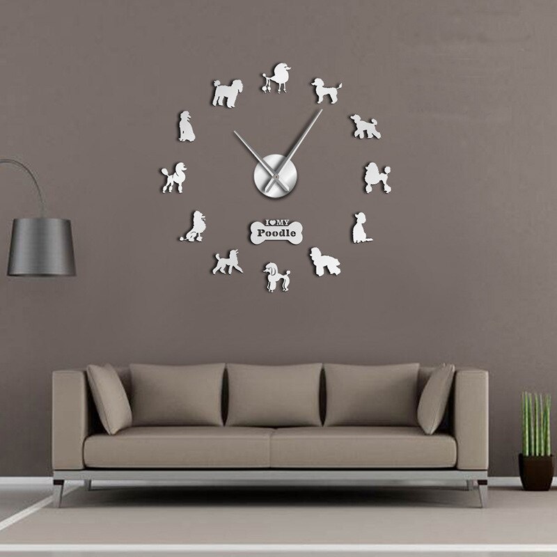 Modern Frameloze 3D Wandklok Sticker Hond Acryl Spiegel Effect Voor Indoor Kantoor Winkel Decoratie Diy Wandklok
