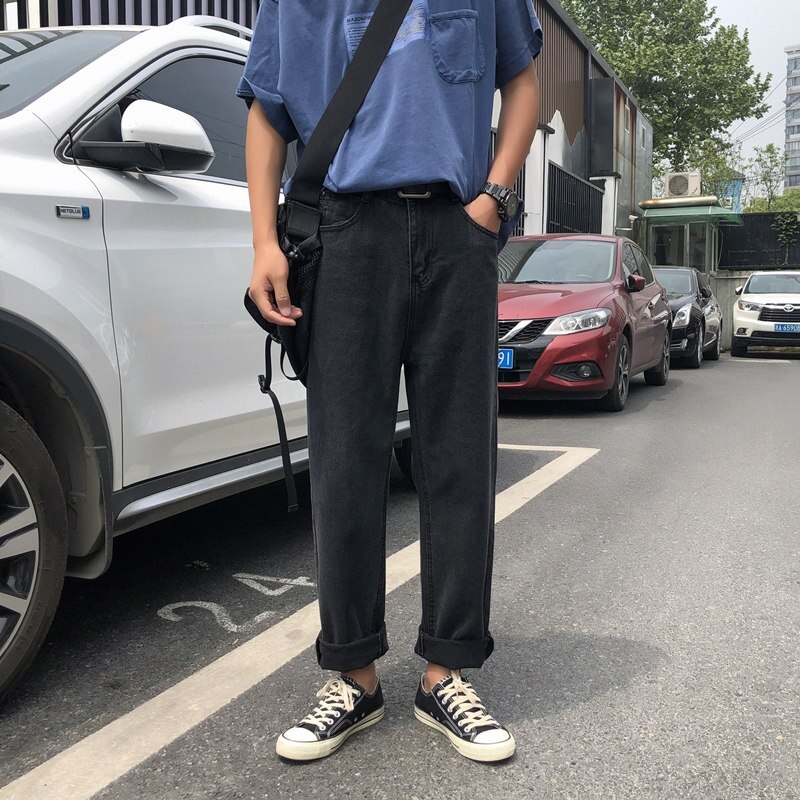 Sommer tynde bukser mandlige koreansk version af trenden lige jeans mænds løse brede ben bukser tidevand mærke afslappet ni bukser: 901- sorte / L