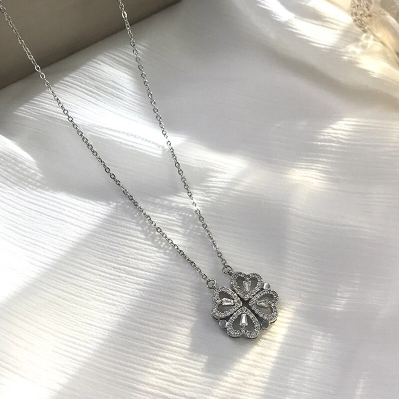 Klavertje Vier Ketting Magnetische Vouwen Hartvormige Sleutelbeen Chain Te Openen Choker Sieraden Opknoping Hanger Voor Vrouwen