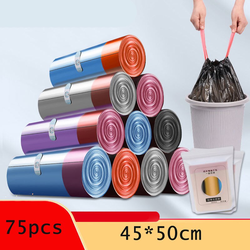 Sac poubelle à haute capacité, Portable, cordon de serrage, ménage cuisine, noir, jetable, épais, stockage de voiture: cai se 75pcs