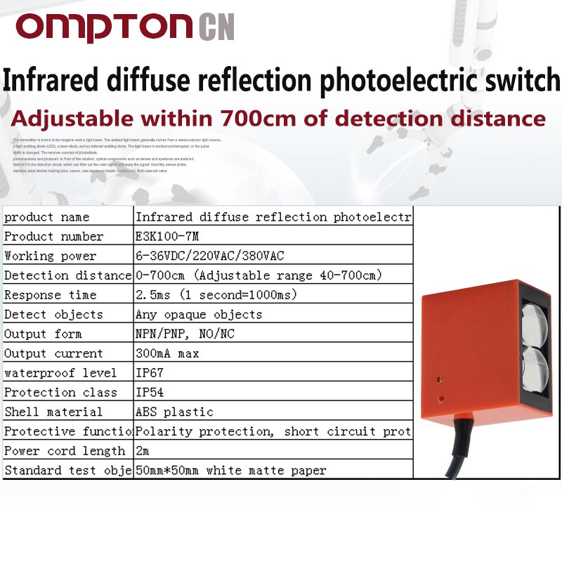 Infrared diffuse reflection photoelectric switch NPN/PNP, NO/NC 0-700cm (Adjustable range 40-700cm)