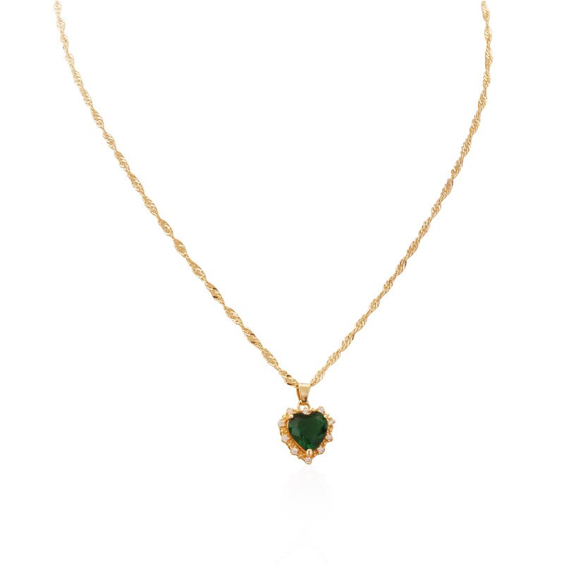 Luxury Zircon Heart Pendant Necklaces For Women Girls Gold Collar NecklacesWedding Party Daily Jewelry: Green
