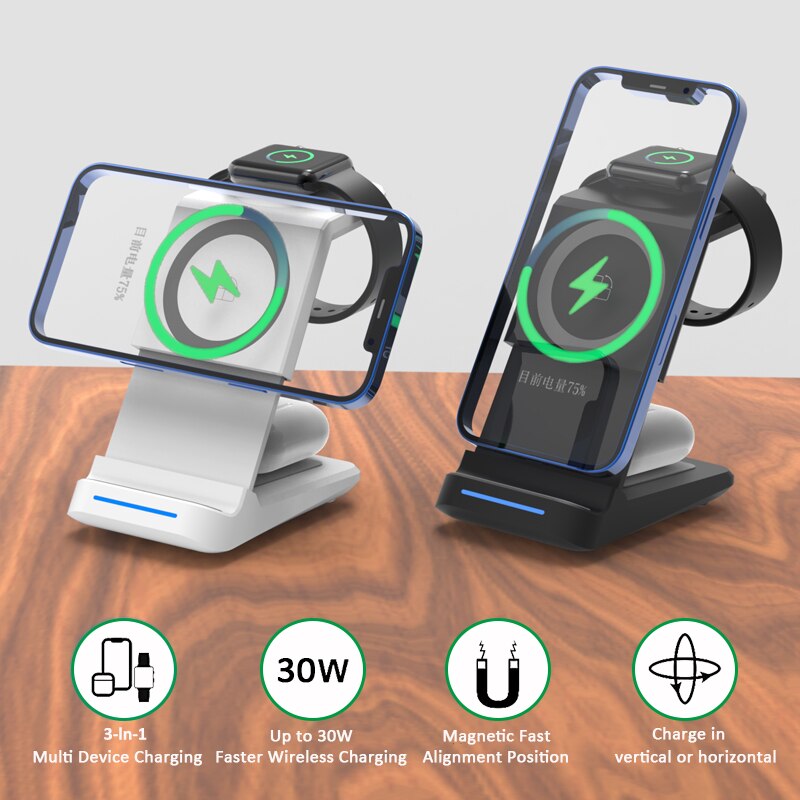 30w 3 in 1 magnetische kabellose ladestation für iphone 13 12 11 xr 8 apple watch qi schnellladestation für airpods pro iwatch 7 6