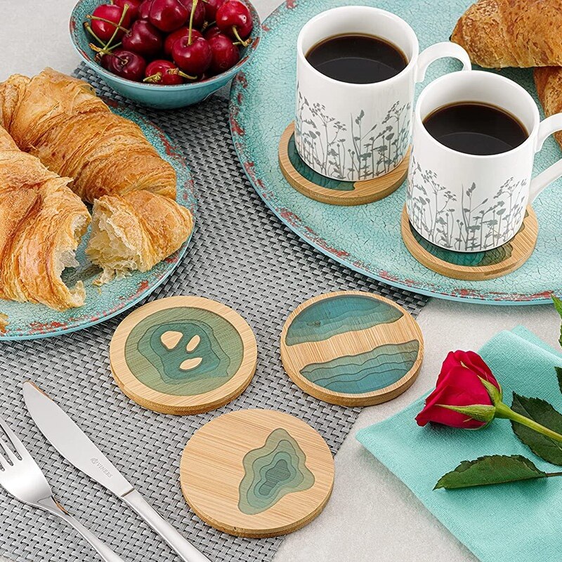 5 Pack Wood Coasters Round Ocean Wave Epoxy Resin and Bamboo Coaster Drink Mat Home Decorations