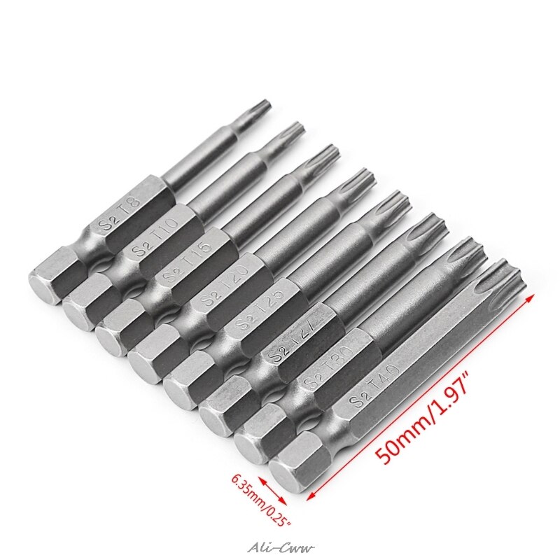 8 Stks/set 1/4 Inch 50Mm T8-T40 Magnetische Torx Elektrische Schroevendraaier Bits Kit