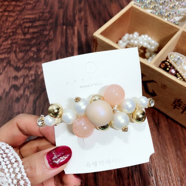 Geometric Hairpin - Imitation Pearl & Rhinestone - Trendy Korean Sweet Style - Women's Hair Accessories: Pink