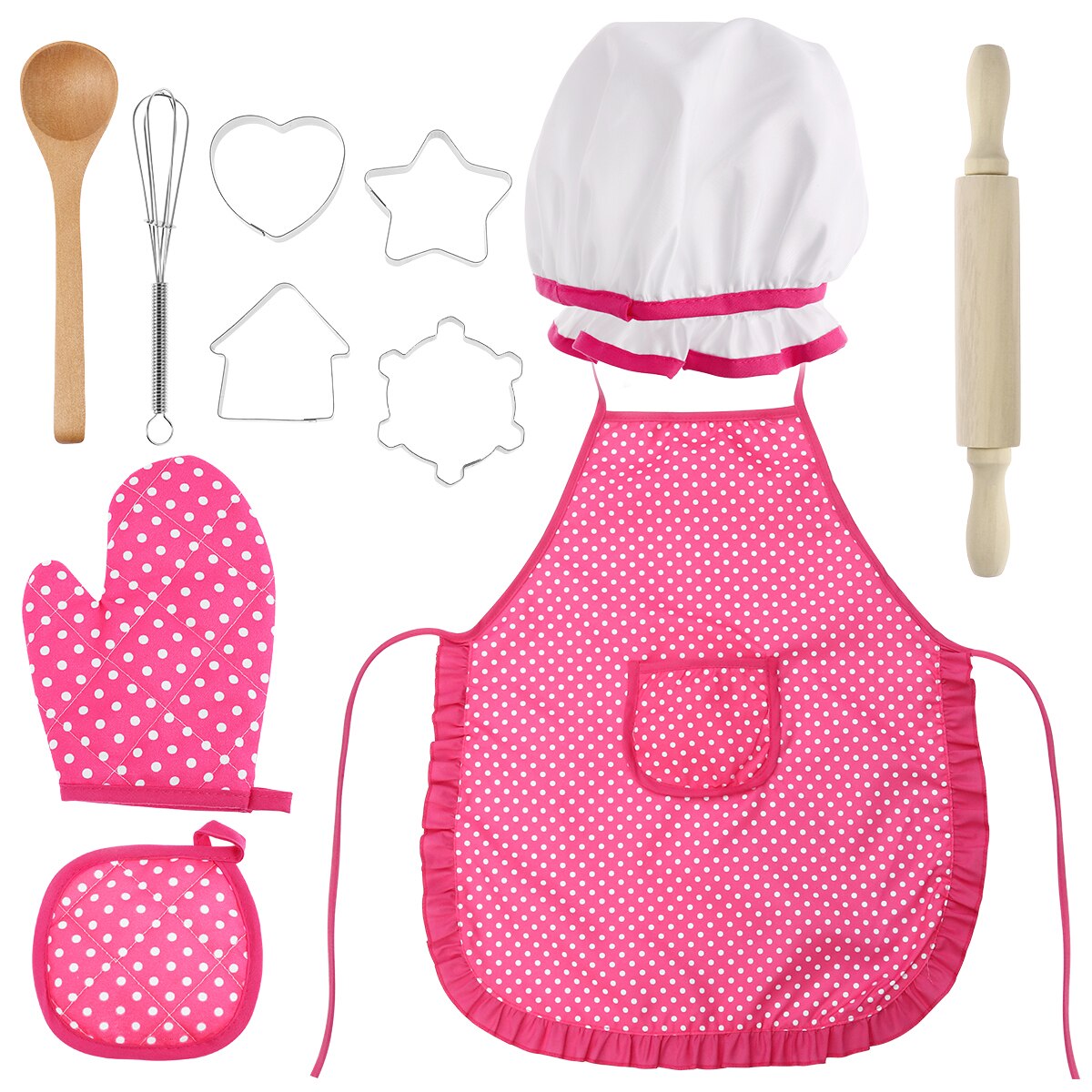 Juego de cocina completo para niños, manopla de cocina con gorro de Chef, delantal y utensilios para jugar, 11 piezas: Pink11Pcs