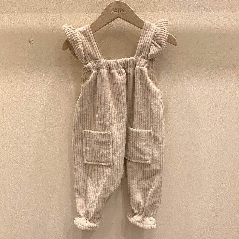 Infant Kids Baby Jongens Overalls Corduroy Meisjes Vliegen Mouw Overalls Ruche Jumpsuit Solid Kinderen Toevallige Riem Broek: Bs010824beige White / 9m 73cm