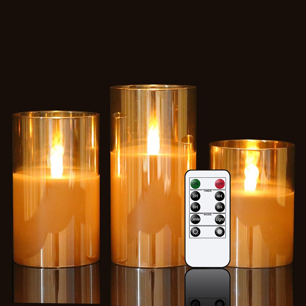 3Pcs Golden Gray Authentic Flame Flickering LED Candle Light Glass Jar Wax Indoor Electronic Remote Control Candle Warm Light: Gold