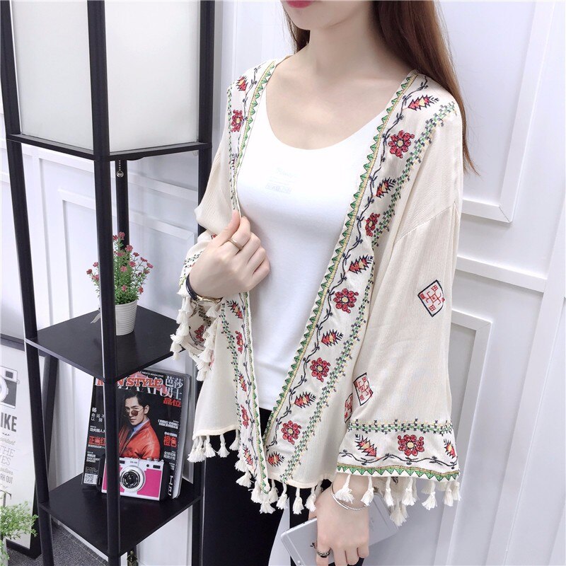 Maternité femmes été ethnique Boho Kimono Cardigan Vintage broderie florale Cardigan fille Beige noir blanc Cardigans