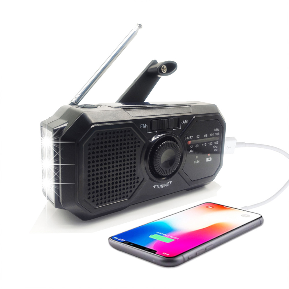 Bærbar am/fm-radio, nødradio, solcelledrevet dynamo-vejrradio, genopladelig lommelygte-powerbank, usb-telefonoplader