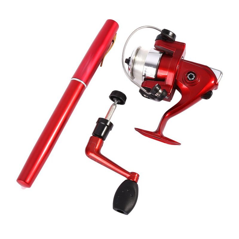 Outdoor Mini Camping Reizen Baitcasting Telescopische Pocket Pen Vorm Hengel + Reel + Vislijn Set: Rood