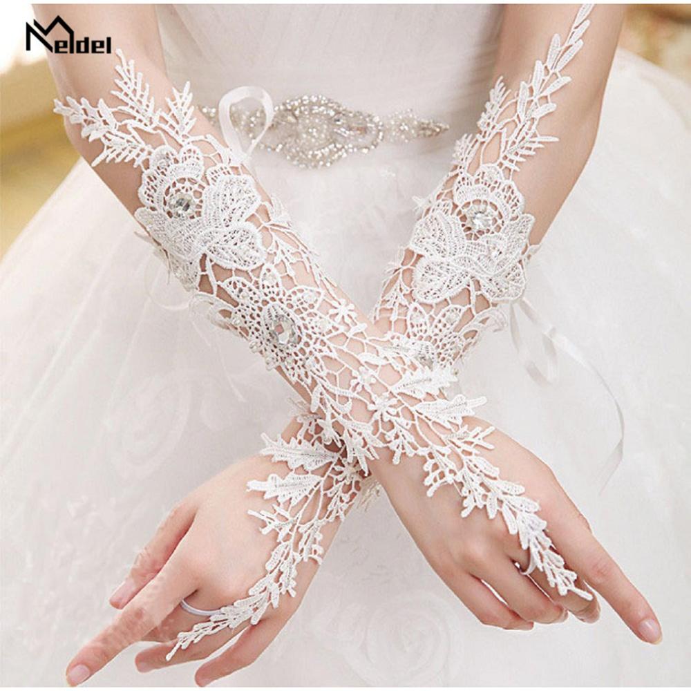 Ivory Lace Bridal Vingerloze Handschoenen Vrouw Lange Bruiloft Handschoenen Crystal Bruiloft Accessoires voor Bruiden