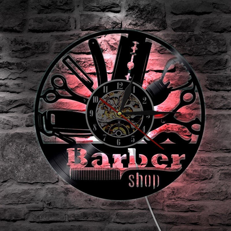 Reloj de pared con disco de vinilo para peluquería, dispositivo LED 3D de moderno para decoración del hogar, barbería y salón de belleza