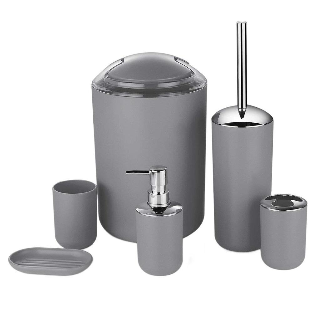 6pcs/set Bathroom Toiletries Practical Plastic Tooth Brushing Holder Mouthwash Cup Soap Box Trash Can Emulsion Bottle: Light Grey