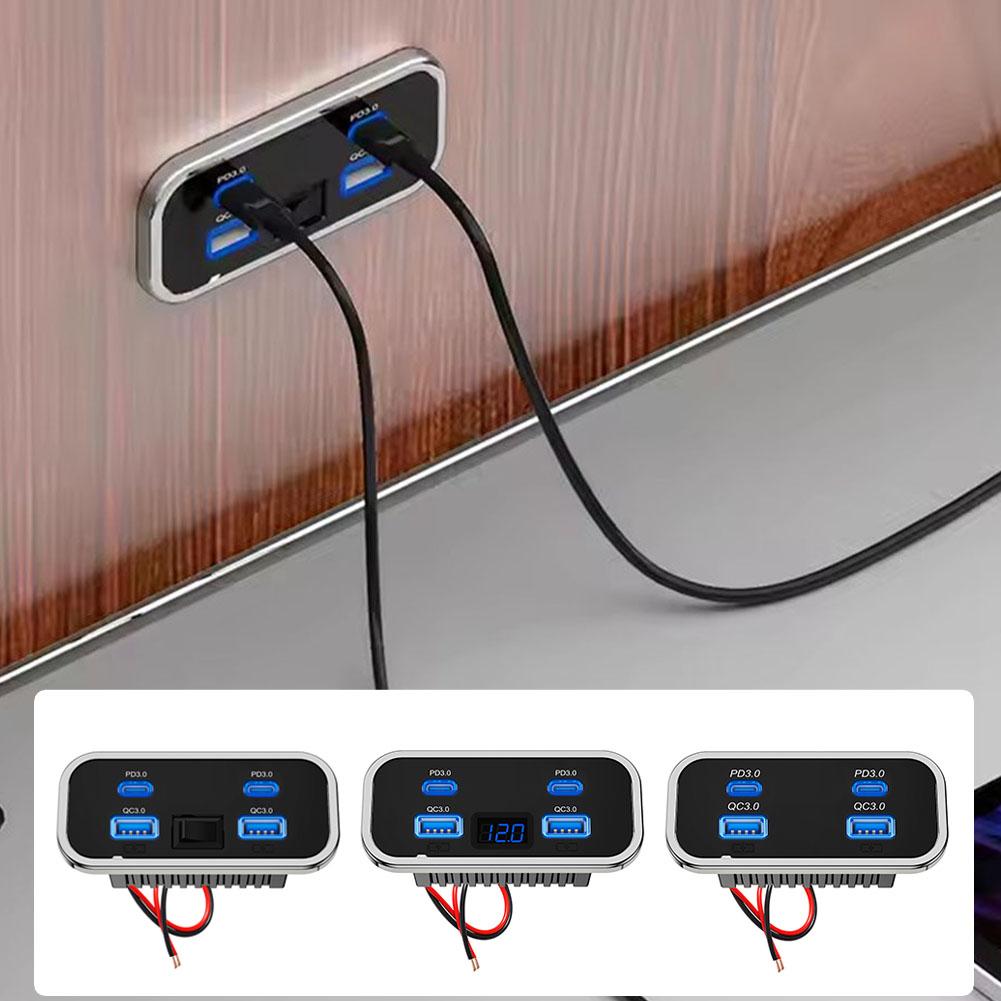 4 porter 12v usb-uttak til bobil 76w doble  pd3.0 type-c hurtiglading dobbel usb for bil buss bobil billader med knappbryter