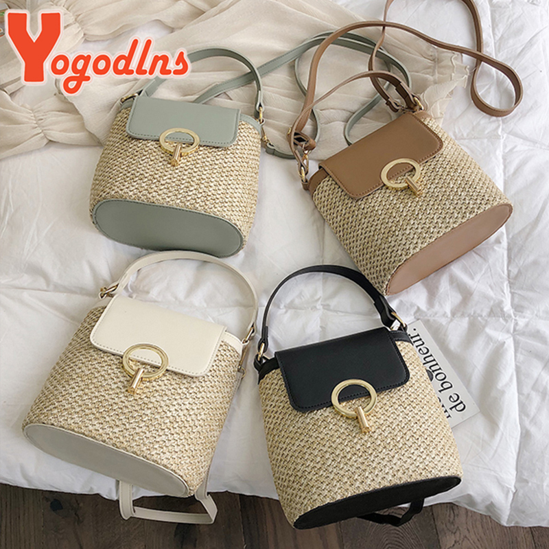 Yogodlns bolsas femininas de palha pequena, artesanais, balde, para viagem, bolsa de ombro