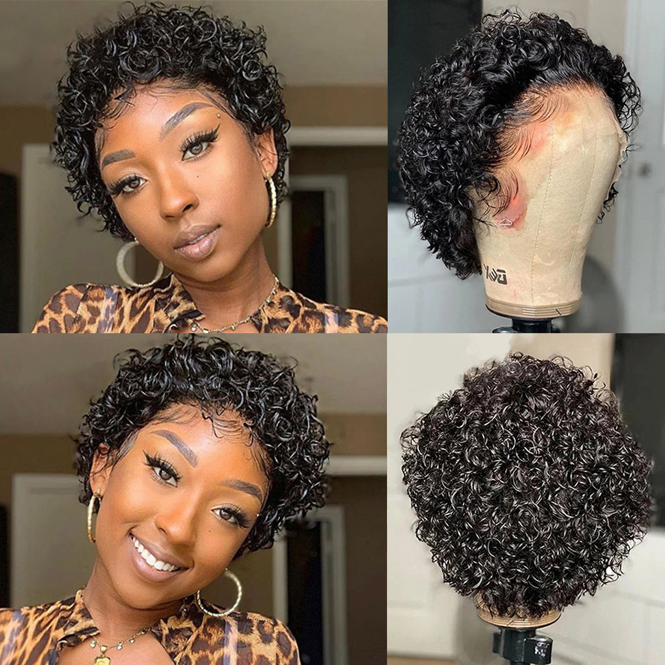 Peluca de cabello humano rizado para mujeres negras, Pelo Corto con corte Pixie, corte Bob, encaje frontal, 180 de densidad, 13x1, brasileño
