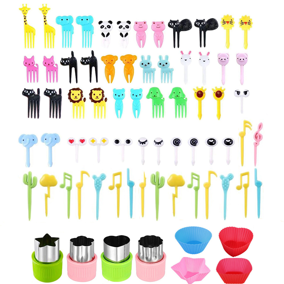 Cute Mini Food Picks Children Animal Toddler Cartoon Snack Cake Dessert Food Fruit Forks With Cutter Silicone Lunch Box Dividers: light green