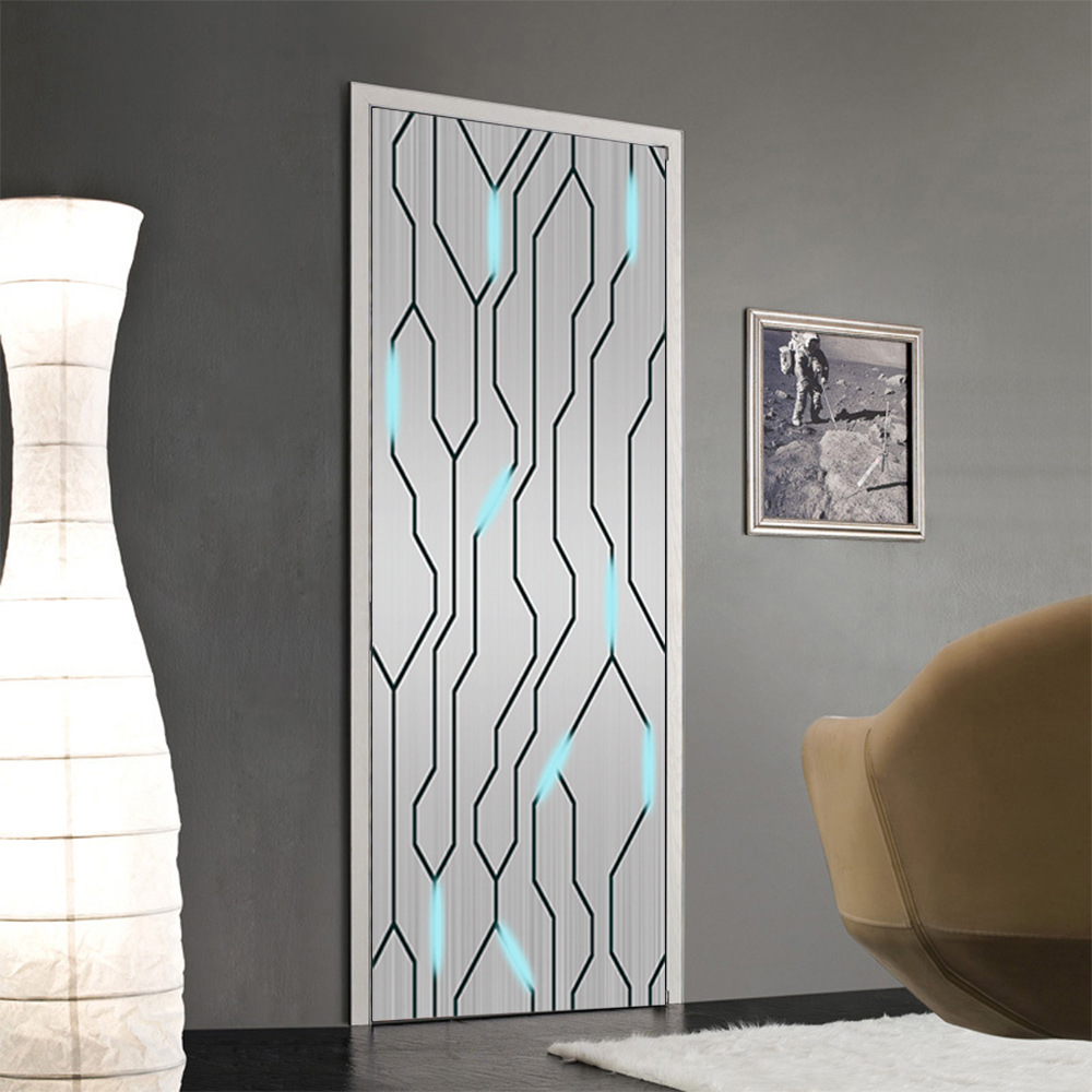 PVC Door Sticker Modern 3D Abstract High Tech Blue Wallpaper Self-Adhesive Living Room Art Door Poster Home Mural Sticker