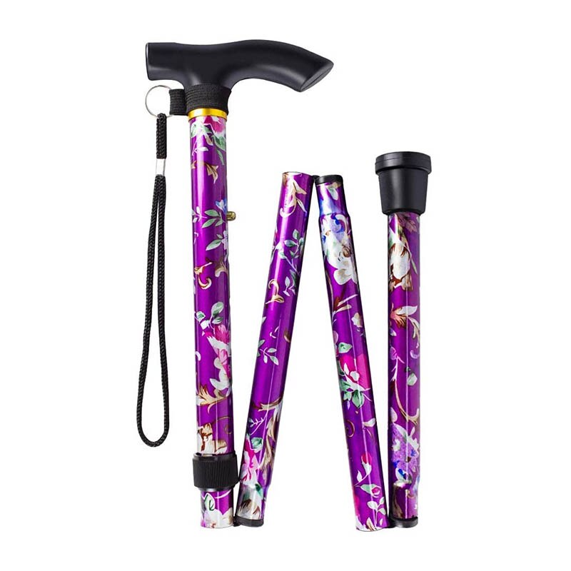 Lightweight Foldable Walking Sticks For Elderly Women Men Telescopic 93cm Adjustable Folding Floral Metal Cane Climbing Hiking: purple