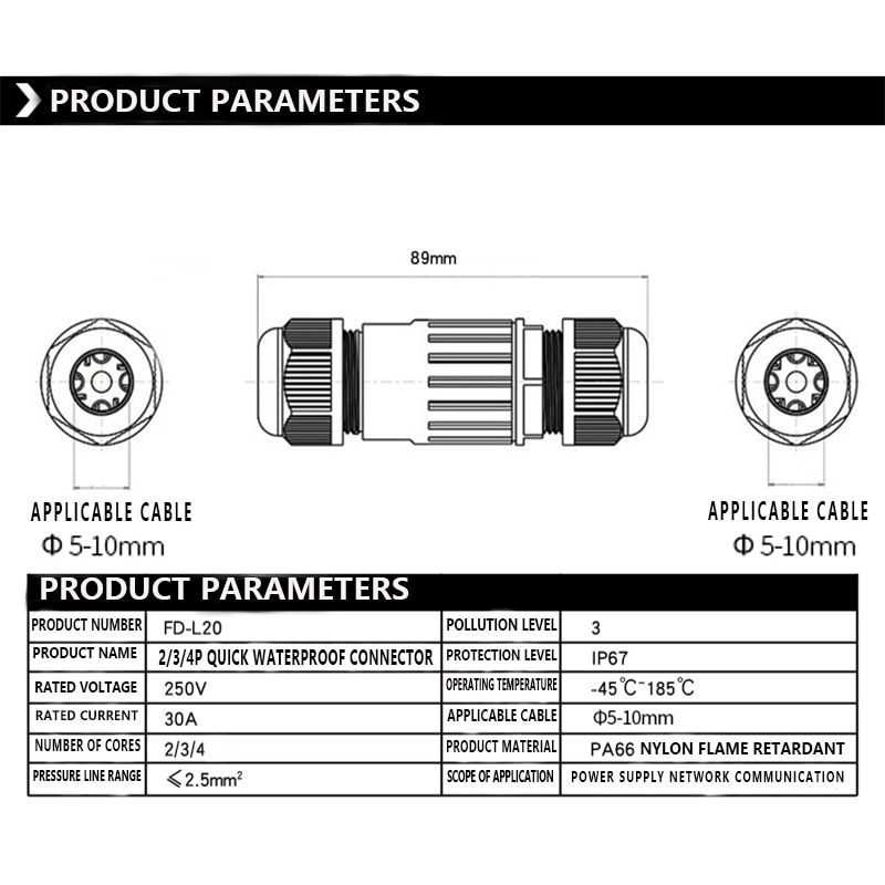 Vanntett kontakt  ip68 i form 2 p 3p 4p kabelwire kjertel erme kontakt hurtig tilkobling vanntett kontakt