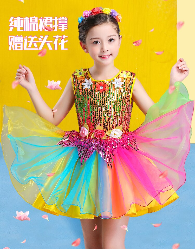 Kinderen Meisje Mouwloze Pailletten Ballerina Tule Ballet Jurk Bloem Regenboog Jazz Latin Dans Jurk Meisje Kleding Stage Performance